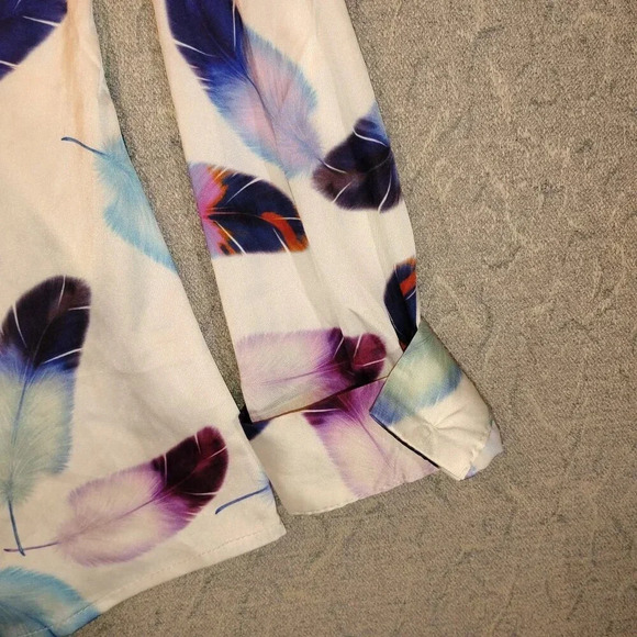 Women's White w/Blue/Purple Feathers Button Up Bow Tie Blouse Long Sleeve Medium - Picture 5 of 11